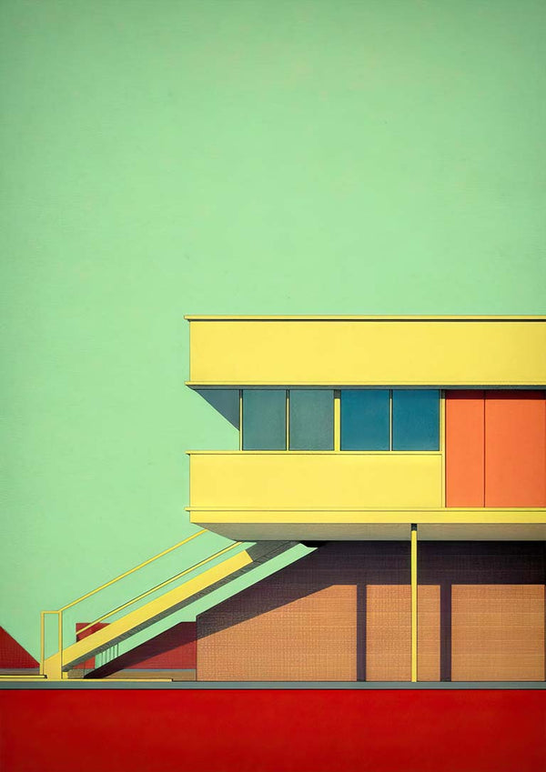 Minimalist Bauhaus-style building with yellow, orange, and red geometric shapes against a pastel green sky.