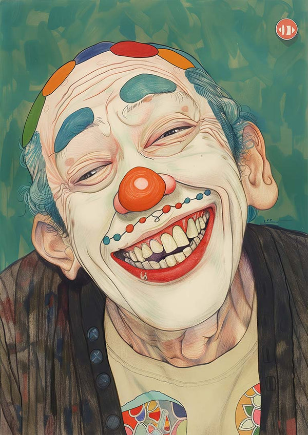 Portrait of a smiling clown with colorful face paint, bright red nose and polka dots by Tara Green.