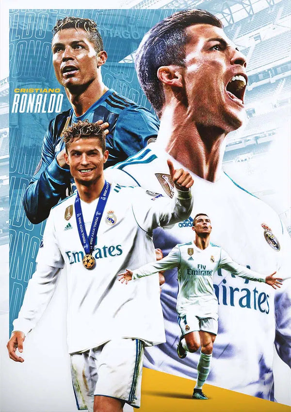 Collage of Christiano Ronaldo in Real Madrid kit, celebrating and posing with a medal on the football field.
