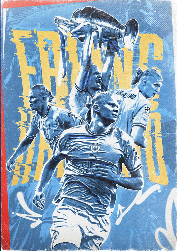 Erling Haaland Football Poster featuring dynamic action shots and trophy celebration in blue and yellow tones.