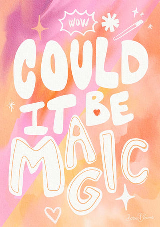 Peach pink poster with "Could It Be Magic" in playful white text, surrounded by doodles and sparkles.