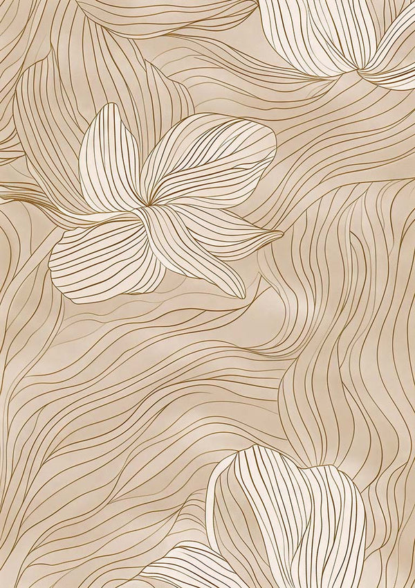 Abstract floral pattern with beige and cream lines, evoking organic shapes and unfolding petals.