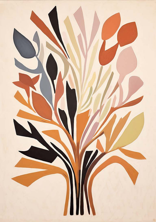 Abstract botanical mosaic with colorful leaves in earthy tones, featured on the Mystical Mosaic product page.