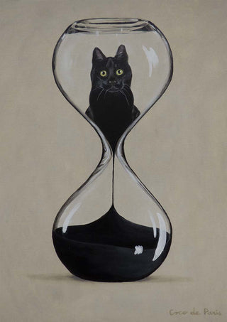 Black cat sitting inside an hourglass with sand, artwork by Coco de Paris displayed on a product page.