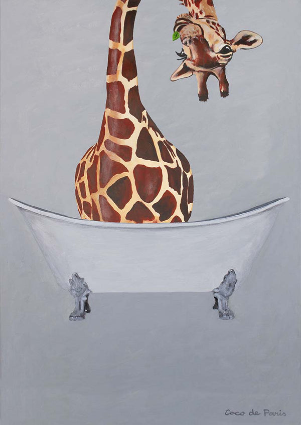 A whimsical giraffe stands in a white bathtub, artwork by Coco de Paris against a gray background.