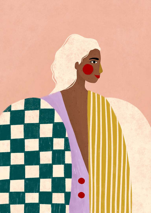 Illustration of a woman in a colorful, patterned funky blouse on the Funky Blouse - Bea Muller product page.