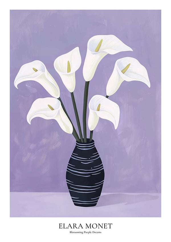 A striped vase holds white calla lilies against a soft purple background for Blossoming Purple Dreams by Elara Monet.