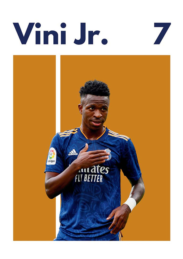 Vini Jr. Real Madrid poster featuring him in a blue kit with "7" and his name at the top.
