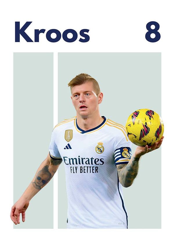 Toni Kroos in Real Madrid jersey holding a football, poster with his name and number 8.