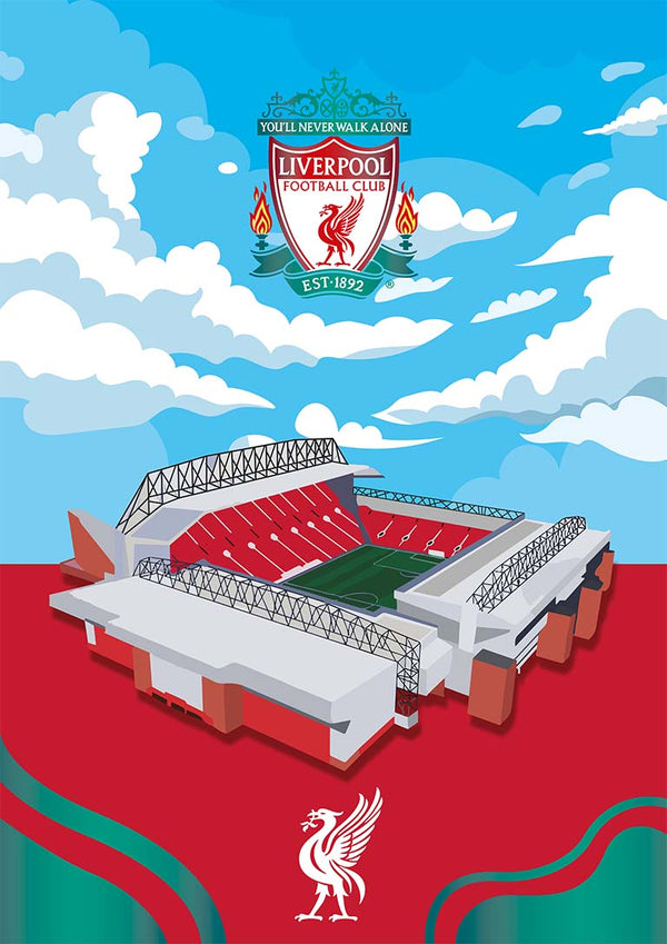 Illustrated Anfield Liverpool Stadium with club crest and red and green accents, featured on a football poster.