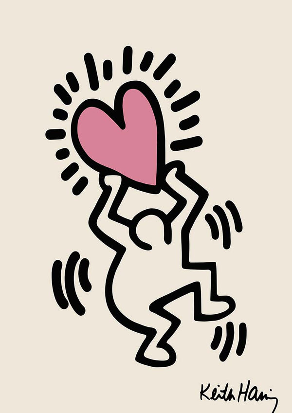 A stylized figure holding a large pink heart above its head, Hearthead artwork by Keith Haring.