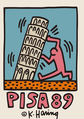 Illustration of a figure holding up the Leaning Tower of Pisa, with "PISA 89" and Keith Haring’s signature below.