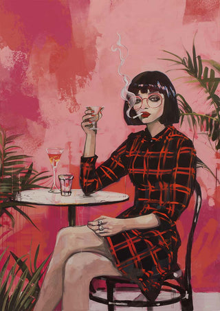 Woman in a red plaid dress smoking and holding a drink at a table, with pink background and green plants.