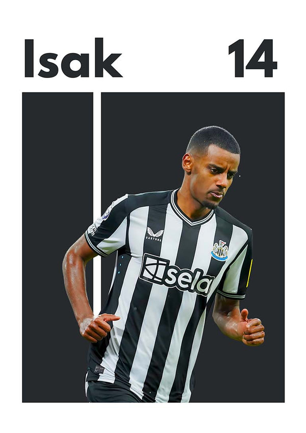 Alexander Isak football poster featuring him in a Newcastle United kit with "Isak 14" text above.