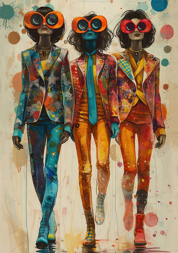 Three figures in colorful suits and oversized round glasses showcase the bold style of Wackie Jackies - Tara Green.