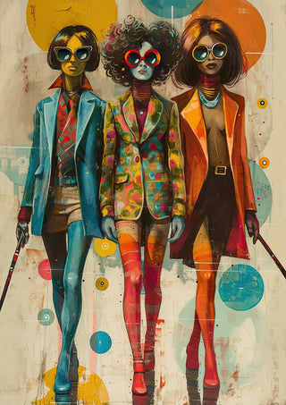 Three stylish women wearing colorful retro outfits and sunglasses, walking confidently together.