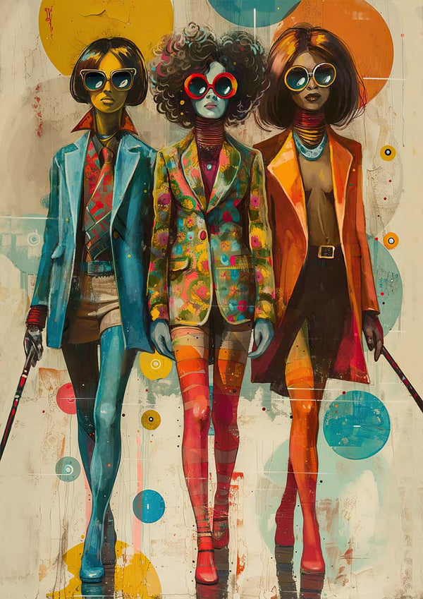 Three stylish women wearing colorful retro outfits and sunglasses, walking confidently together.