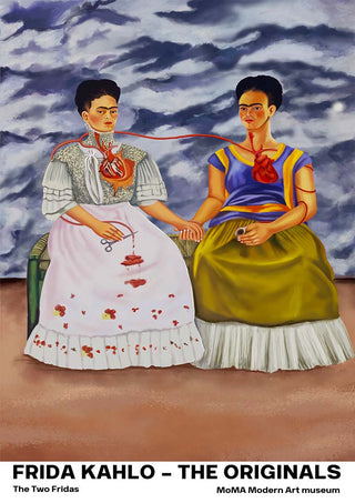 Painting of two Frida Kahlos sitting side by side, holding hands, with exposed hearts and a shared vein.