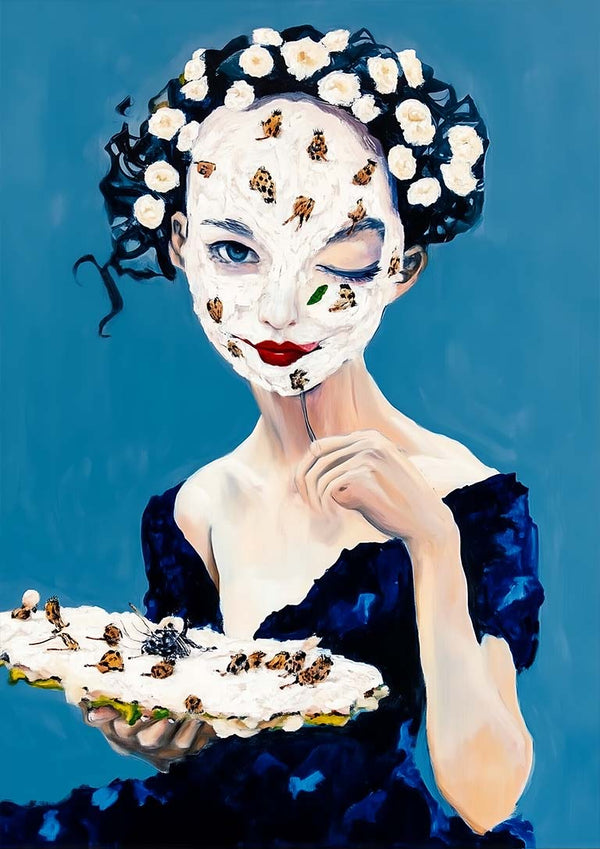 Surreal portrait of a woman in blue with flowers in her hair, holding a cake-like mask, from My Precious - Martin Zen.