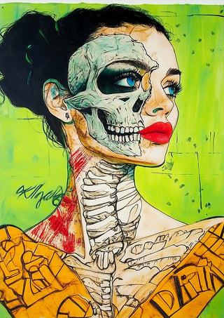 Surreal portrait of a woman by Martin Zen, half her face and neck revealed as skeleton on a vibrant green background.