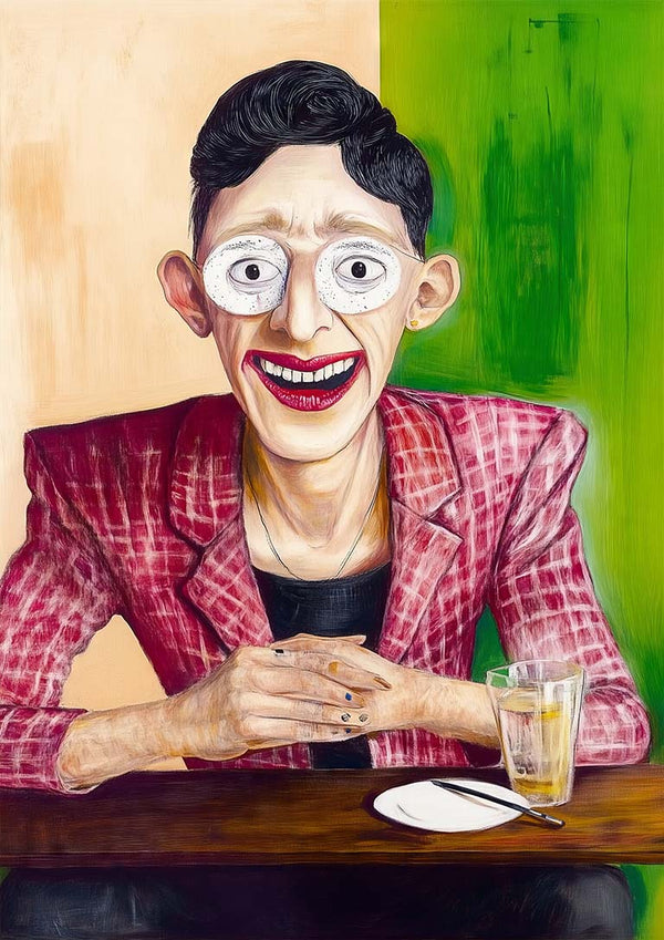 Colorful portrait of a smiling person in a plaid jacket sitting at a table with a drink, from I See You - Martin Zen.