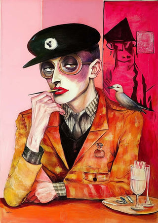 A stylized man in an orange suit with a sparrow on his shoulder, seated at a table. Art by Martin Zen.