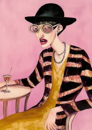 Painting of a stylish person in glasses, striped coat, and hat, seated with a cocktail against a pink background.