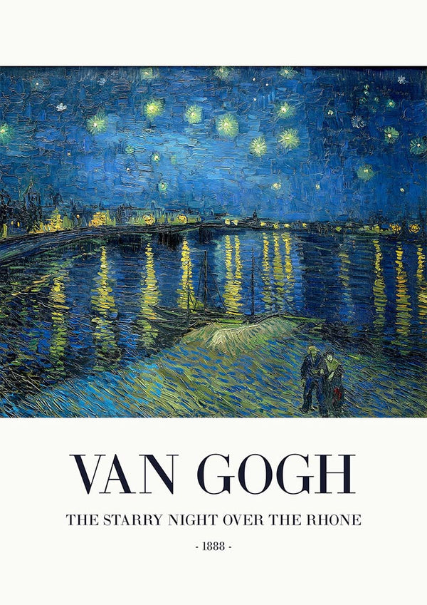 Van Gogh's The Starry Night Over the Rhone, featuring a star-filled sky and reflections on water.