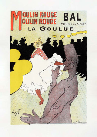 Poster for Moulin Rouge featuring La Goulue dancing with a crowd and bold red and yellow text.