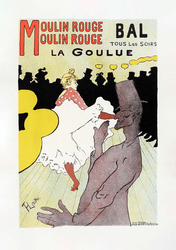 Poster for Moulin Rouge featuring La Goulue dancing with a crowd and bold red and yellow text.