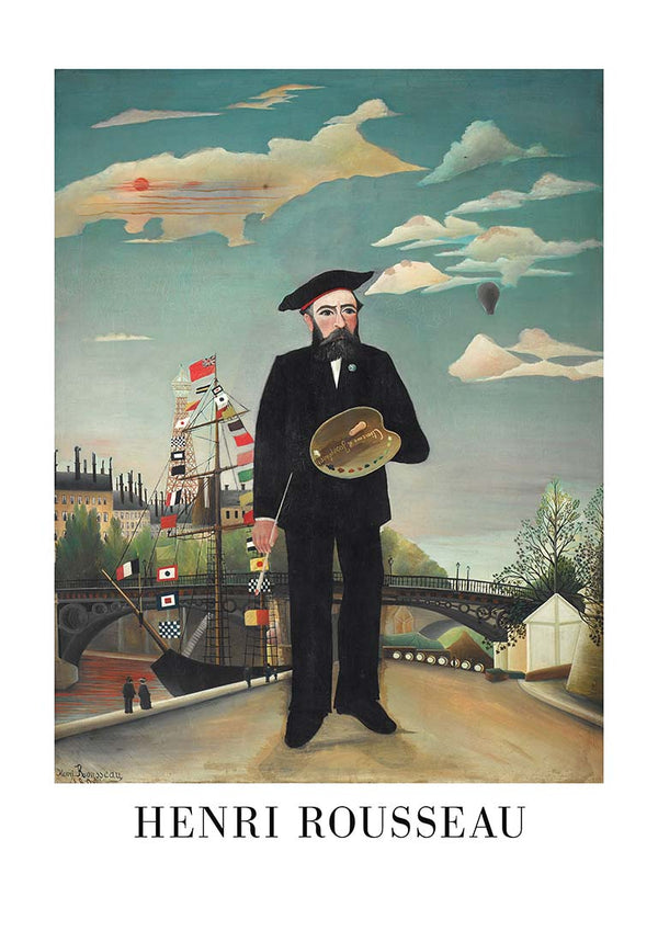 Self Portrait 1890 by Henri Rousseau; artist in black suit with palette, urban and sky background.
