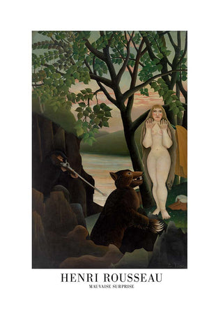 A bear surprises a nude woman near trees and water in "Mauvaise Surprise" by Henri Rousseau.