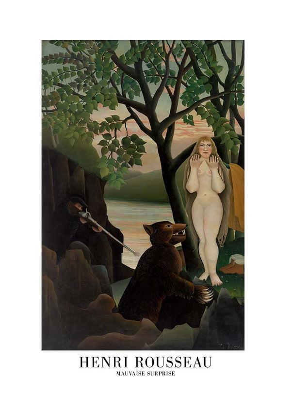 A bear surprises a nude woman near trees and water in "Mauvaise Surprise" by Henri Rousseau.