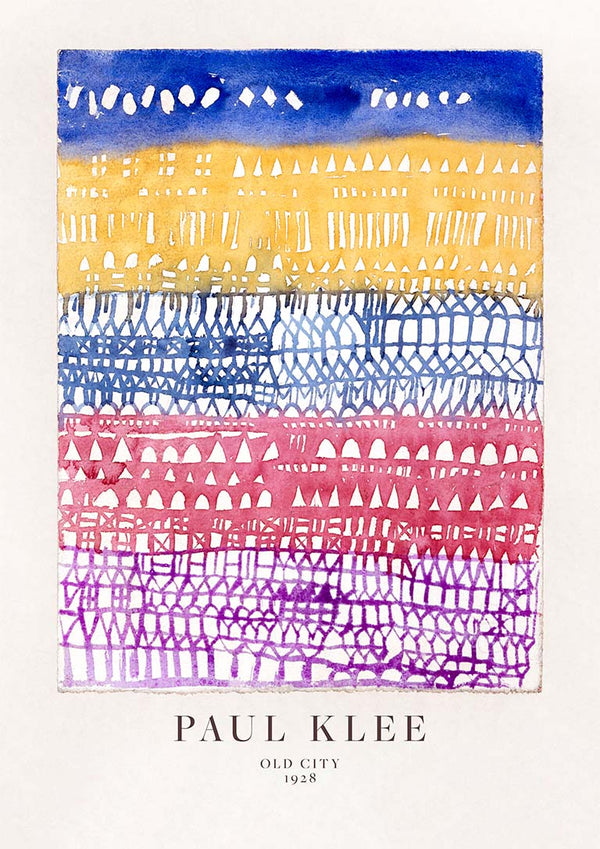 Abstract painting "Old City" by Paul Klee, colorful geometric patterns in horizontal bands, 1928.