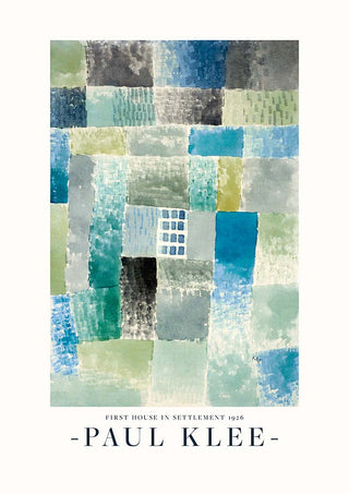 Abstract painting with blue, green, and beige squares; “First House in a Settlement 1926” by Paul Klee.