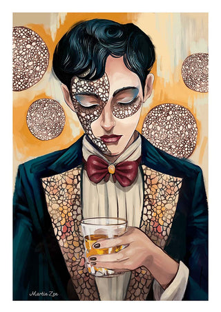 A person in formal attire with mosaic patterns on their face and suit, holding a drink; art by Martin Zen.