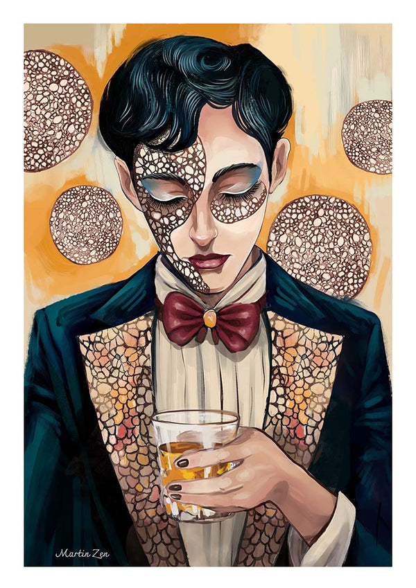 A person in formal attire with mosaic patterns on their face and suit, holding a drink; art by Martin Zen.