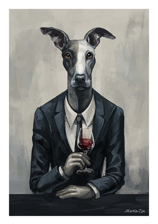 Painting of a dog in a suit holding a glass of red wine, featured on the Boss Man - Martin Zen product page.