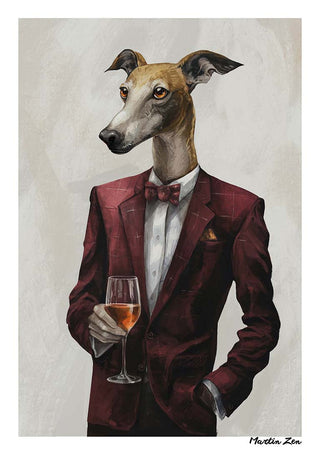 A greyhound in a burgundy suit holding a wine glass, illustrated for Zoophisticated by Martin Zen.