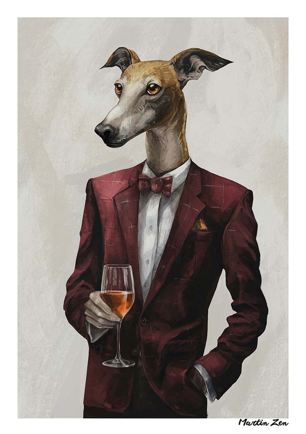 A greyhound in a burgundy suit holding a wine glass, illustrated for Zoophisticated by Martin Zen.