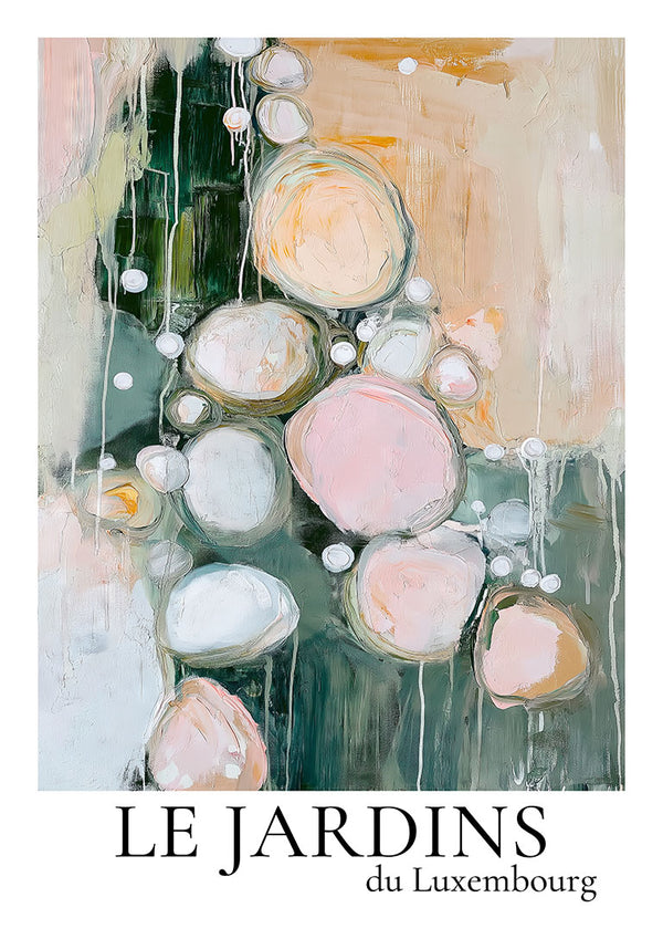 Abstract painting with soft pastel ovals and drips, featured on the Le Jardin Du Luxembourg 01 product page.