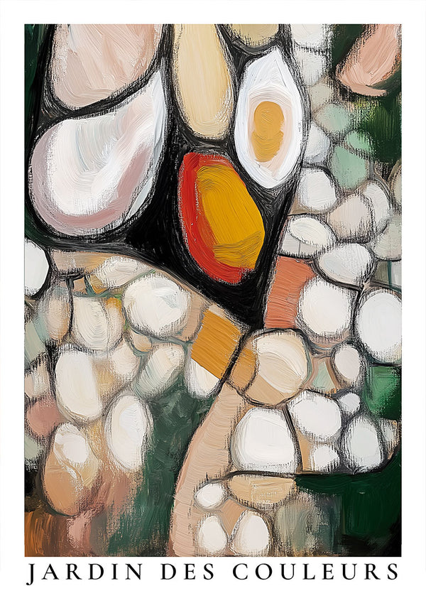 Abstract painting with bold shapes and earthy colors, featured on Jardin Des Couleurs product page.
