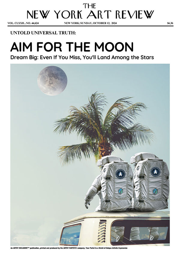 Poster showing two astronauts on a van under palm trees, gazing at the moon; "Aim for the Moon" headline above.