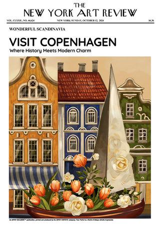 Colorful Copenhagen buildings and flowers on an art print, styled as a New York Art Review magazine cover.