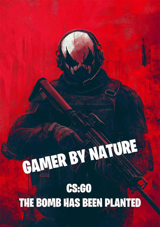 Poster of a masked gamer in tactical gear with "Gamer by Nature" and CS:GO quote on a red background.