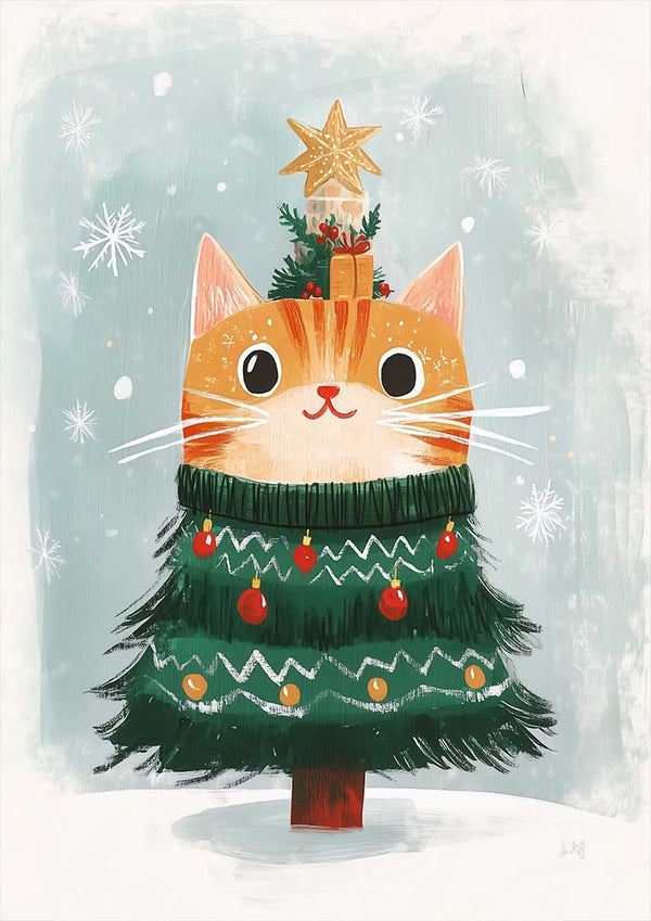A festive orange cat dressed as a Christmas tree with ornaments and a star topper, featured for Santa Claws is Coming.