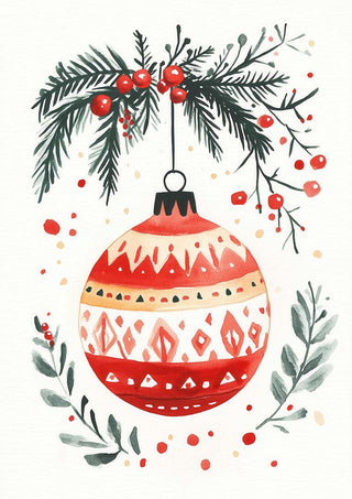Red and gold Christmas ornament hanging from pine branches with festive berries, perfect for Season's Greetings.