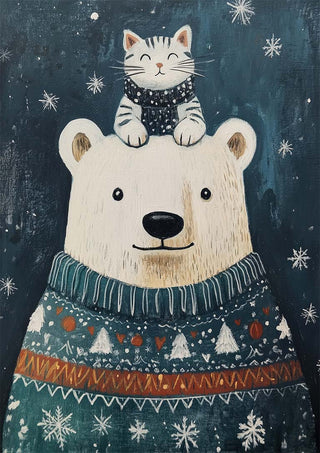 Polar bear in a festive sweater with a smiling kitten on its head, surrounded by snowflakes.