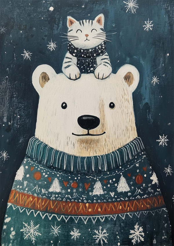 Polar bear in a festive sweater with a smiling kitten on its head, surrounded by snowflakes.