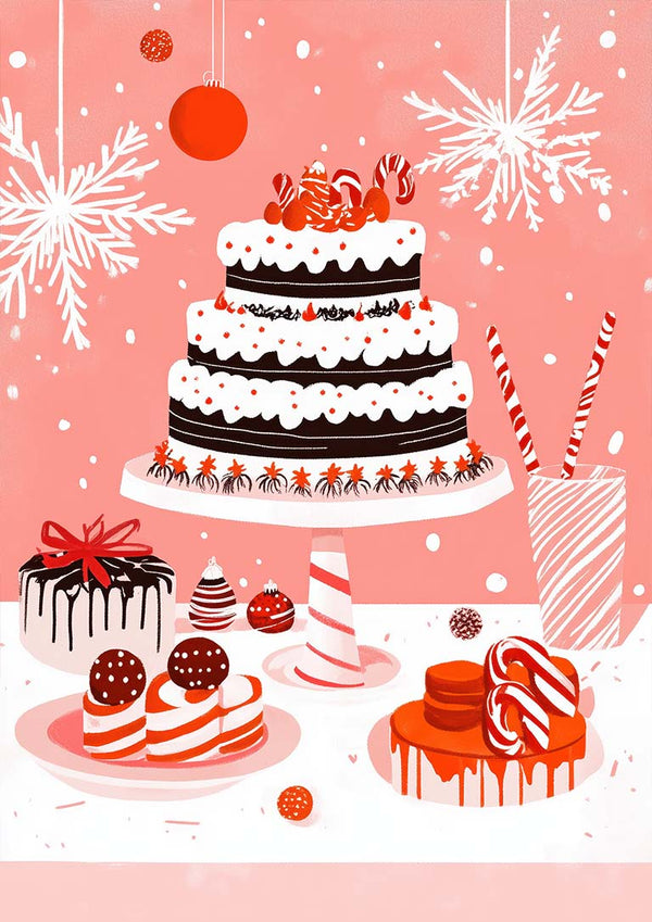 Christmas-themed cake with festive decorations, surrounded by holiday desserts and ornaments on a pink background.